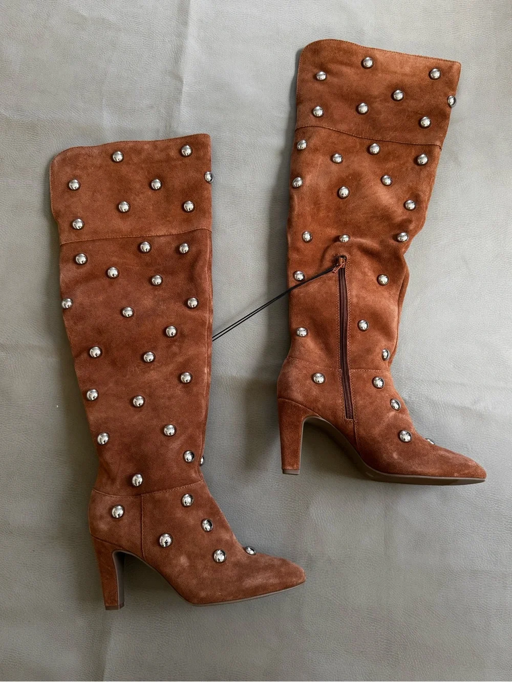 Genuine Suede Over-the-Knee Silver Studded Tan Boots Western Festival Chic Sz 8